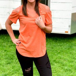 Peach Coral Cold Shoulder Short Sleeve T-Shirt Top